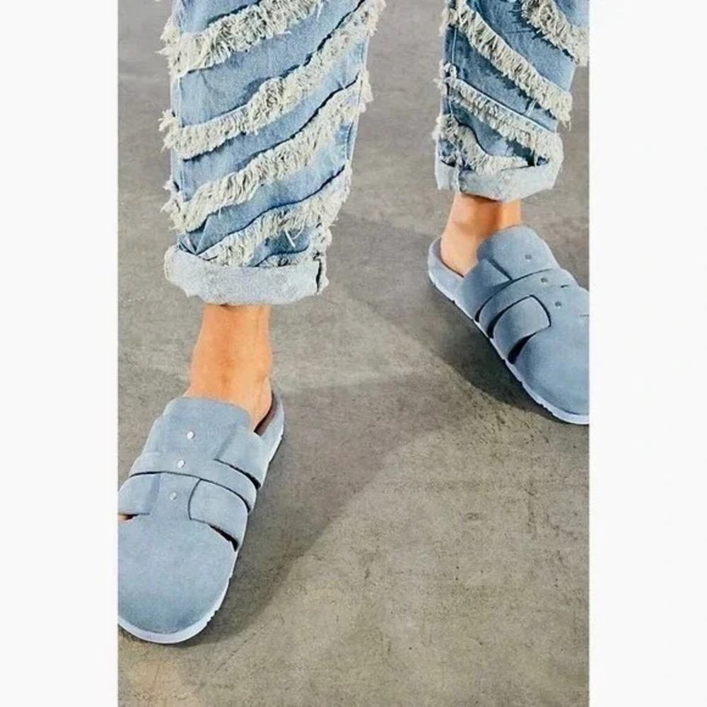 Free People Suede Sunday Season Footbed Mules Slides Shoes 'Blue Bell' 39 8.5